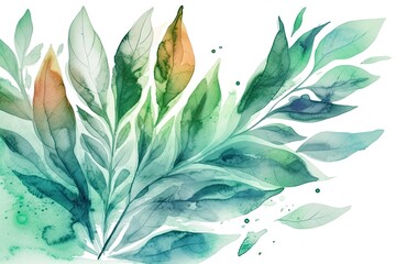 Illustration of green leaves painted with watercolor on a white background. Generative AI