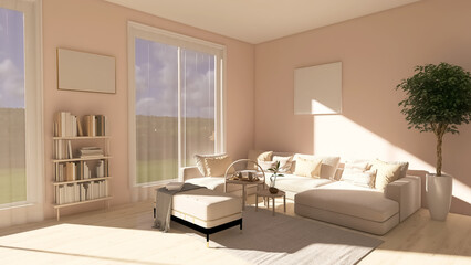 Fototapeta na wymiar Living room interior, 3d render, 3d illustration