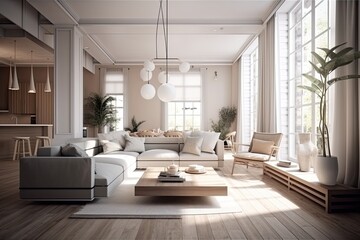 cozy living room with natural light coming through a large window. Generative AI