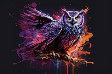 Creative portrait of a wild bird owl with splash of color pink and yellow. Wildlife nature illustration. Ai generated