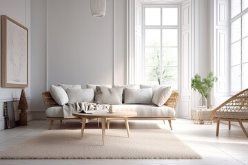 modern living room with a white sofa and a coffee table. Generative AI