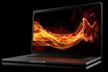 Technological Metaphor: Fire Emerging from a Laptop Screen on a Dark Background, AI Generated