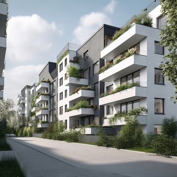 Sustainable and Scenic Living: Modern Residential Buildings in Public Green Area, AI Generated