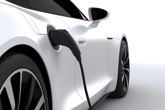 Close-up Photograph of Modern White Electric Car Charging, AI Generated