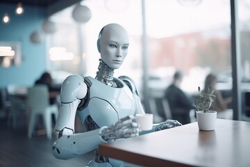 Photograph of a Stylish Scandinavian Coffee Spot with a Sitting Humanoid AI Robot, AI Generated