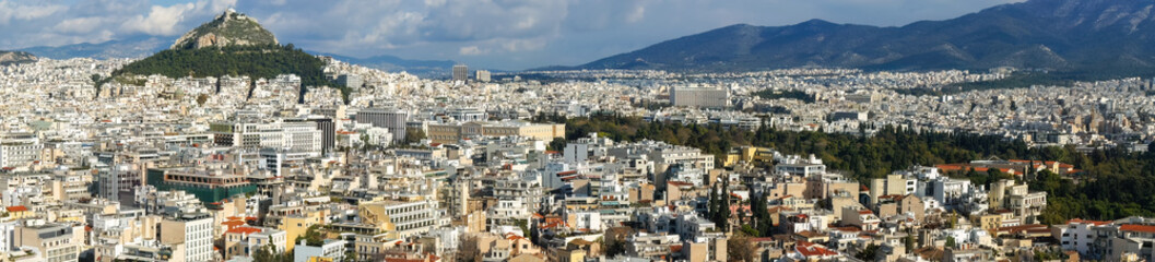 Panoramic view to Athens Greece from the ancient Acropolis temple Parthenon
