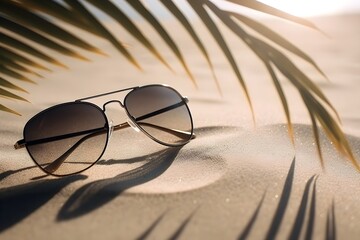 Sunglasses lie on the sand on the beach in the shade of a palm branch. Vacation and recreation. Generative AI. - obrazy, fototapety, plakaty