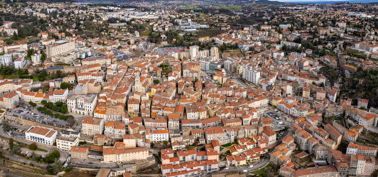 Aerial view around the old town of the city Annonay France on a sunny day in early spring.