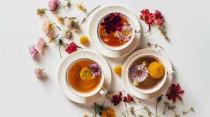  flat lay of cup and flowers Generative AI