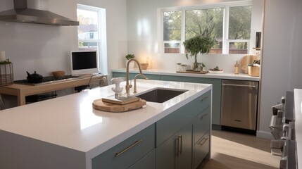 modern kitchen interior. white caesarstone countertops. Generative AI.