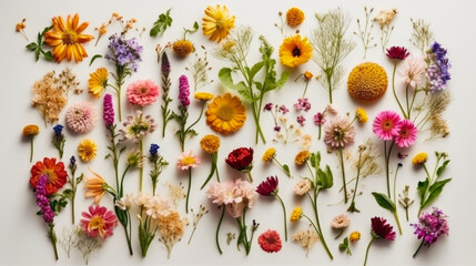 flat lay of different types of summer flowers Generative AI