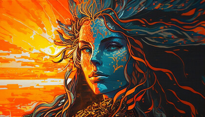 An abstract chromolithographic print with encaustic oil & ink, portrait of a cosmic sun warrior queen with flowing hair made of iridescent waves, sunrise eyes, celestial armor, minimalism