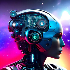 Futuristic Artificial Intelligence android on colorful background. Generative AI