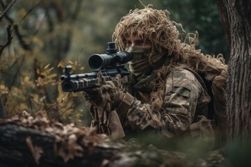 Fototapeta premium Sniper hidden in the woods taking aim to shoot. The image conveys a sense of danger, stealth, and military tactics Generative AI