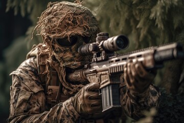 Sniper hidden in the woods taking aim to shoot. The image conveys a sense of danger, stealth, and military tactics Generative AI