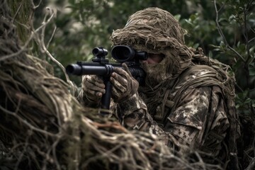 Sniper hidden in the woods taking aim to shoot. The image conveys a sense of danger, stealth, and military tactics Generative AI