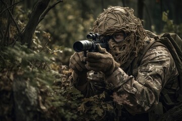 Fototapeta na wymiar sniper hidden in the woods taking aim to shoot. The image conveys a sense of danger, stealth, and military tactics Generative AI