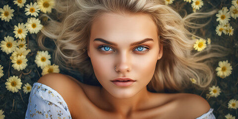 Fototapeta premium Top view of amazing woman lying on grass among pink blossom flowers. Springtime concept. Beautiful Girl on spring lawn. digital ai art 