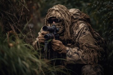 sniper hidden in the woods taking aim to shoot. The image conveys a sense of danger, stealth, and military tactics Generative AI
