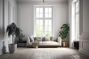 cozy living room with a comfortable couch and a vibrant potted plant. Generative AI