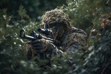 sniper hidden in the woods taking aim to shoot. The image conveys a sense of danger, stealth, and military tactics Generative AI