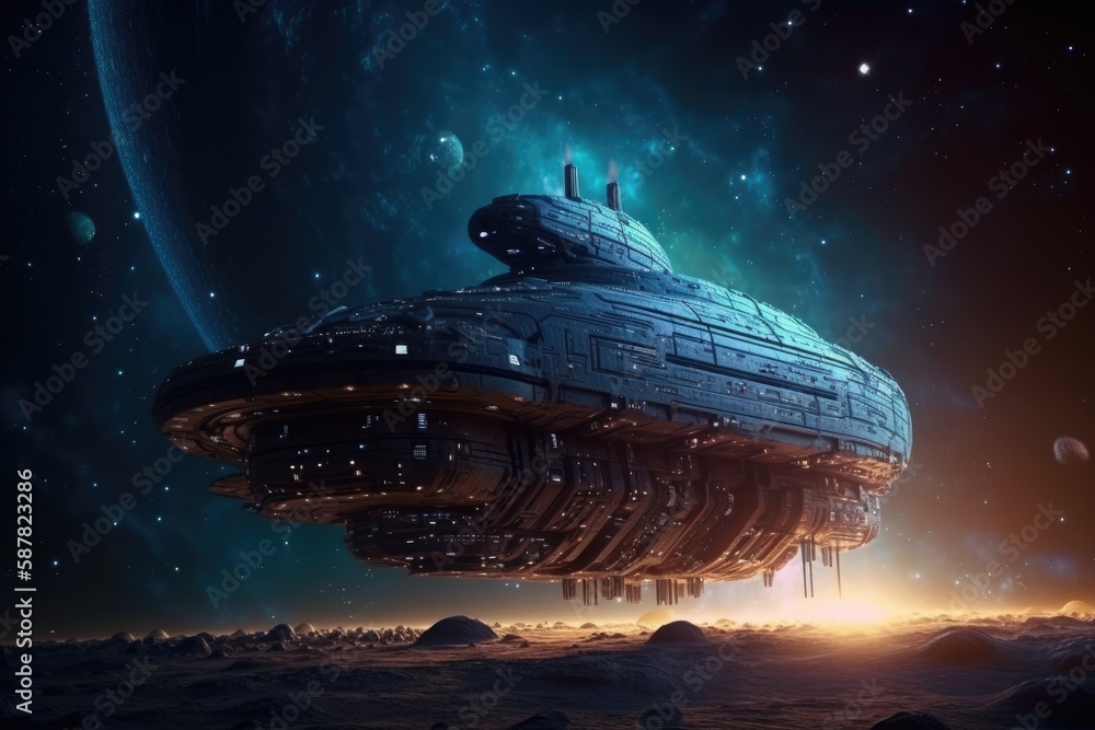 Poster spaceship floating in the vast expanse of a colorful galaxy. generative ai