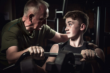 Training session, teenage boy and his strong middle aged father training using gym system, AI generative