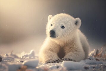 Cute baby polar bear in snow winter. Generative AI