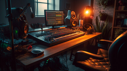 Art music studio with dj headphones, music and sound. Generative AI