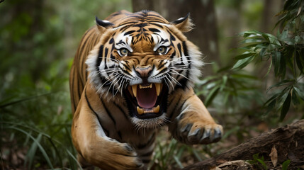 Fototapeta premium Angry tiger chasing in the wild, angry tiger roaring, wildlife. Generative AI