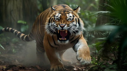 Angry tiger in the wild, angry tiger roaring, wildlife. Generative AI