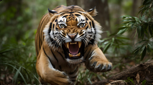 Angry tiger chasing in the wild, angry tiger roaring, wildlife. Generative AI