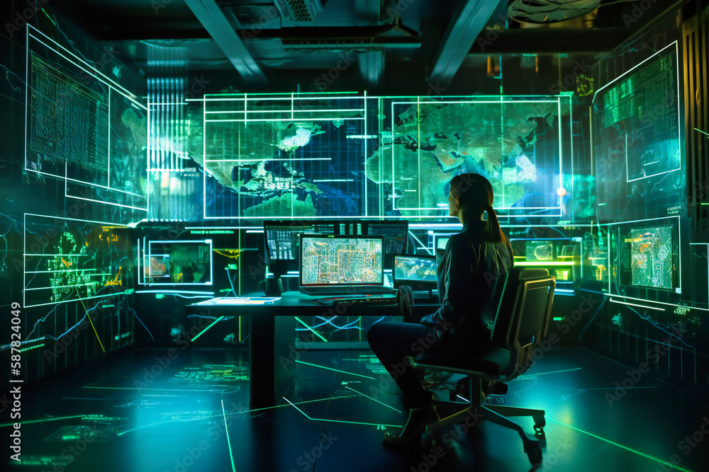 Aufkleber a professional navigates complex computer-generated data, seeking valuable fintech insights to drive