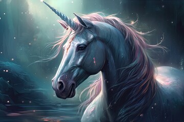 majestic unicorn with a flowing mane and horn. Generative AI