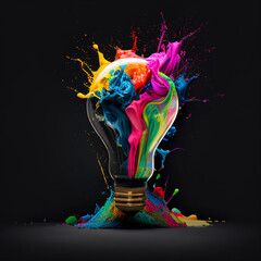 Light bulb with explosion of color and splashes of paint on black background. Abstract concept of creative thinking.  Generative AI  