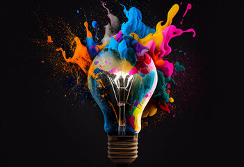 Light bulb with explosion of color and splashes of paint on black background. Abstract concept of creative thinking.  Generative AI  