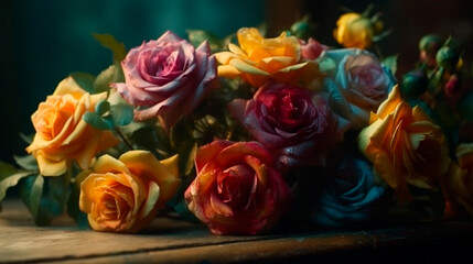 Fototapeta na wymiar Fantasy Vintage Classic deep colorful roses bouquet on blurred background. Generative AI