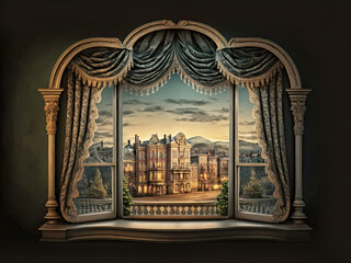View out of ornate window with drapes in a fantasy palace window towards grand houses in a city.  AI generated background  illustration in a high detail watercolour style