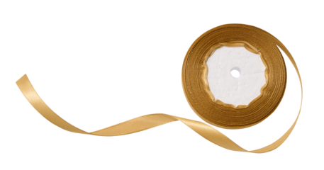 A spool with a golden silk ribbon on a white isolated background, an object for decoration