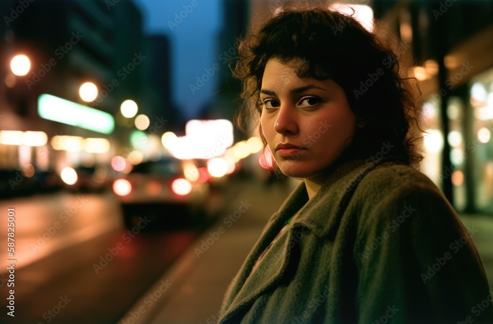 Wall mural young woman in a latin american city street at night looking at the camera . generative ai