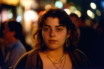young woman in a Latin american city street at night looking at the camera . Generative AI