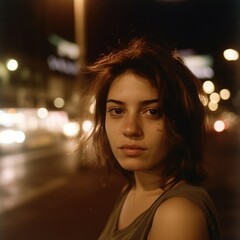young woman in a Latin american city street at night looking at the camera . Generative AI