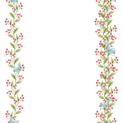 Twig with red berries, watercolor drawing. Stylized pink berries, twig with leaves. seamless border, pattern, design for gift, path, packaging, towel