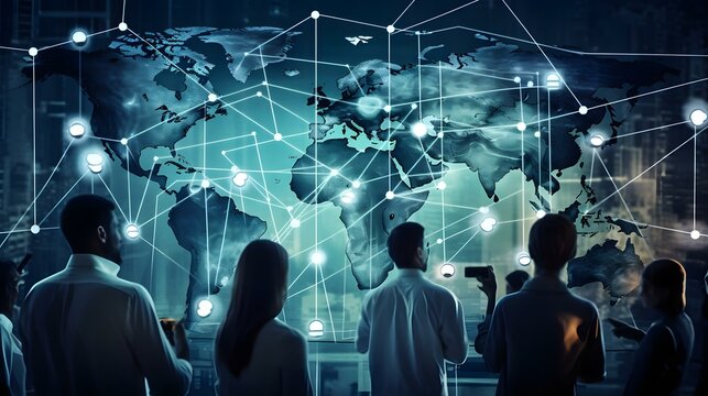 People from various cultural and ethnic backgrounds engaging in real-time communication using futuristic devices. Created using generative AI.