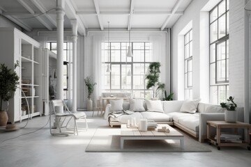 Fototapeta na wymiar modern living room with white furniture and decor. Generative AI