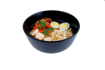 chicken and egg pasta soup on white background for restaurant menu