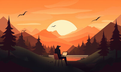 Fototapeta premium Remote freelance work on laptop with beautiful sunset and beach view, digital nomad, simplistic creative abstract illustration 