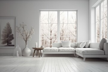 modern living room with white furniture and natural light coming through large windows. Generative AI