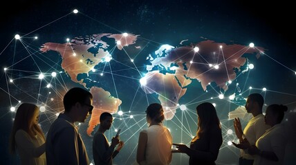 People from various cultural and ethnic backgrounds engaging in real-time communication using futuristic devices. Created using generative AI.