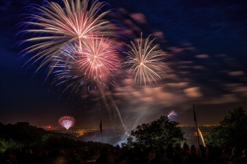 Fototapeta na wymiar large nighttime fireworks display celebrates America's national holiday, dazzling onlookers in the night sky Generative AI